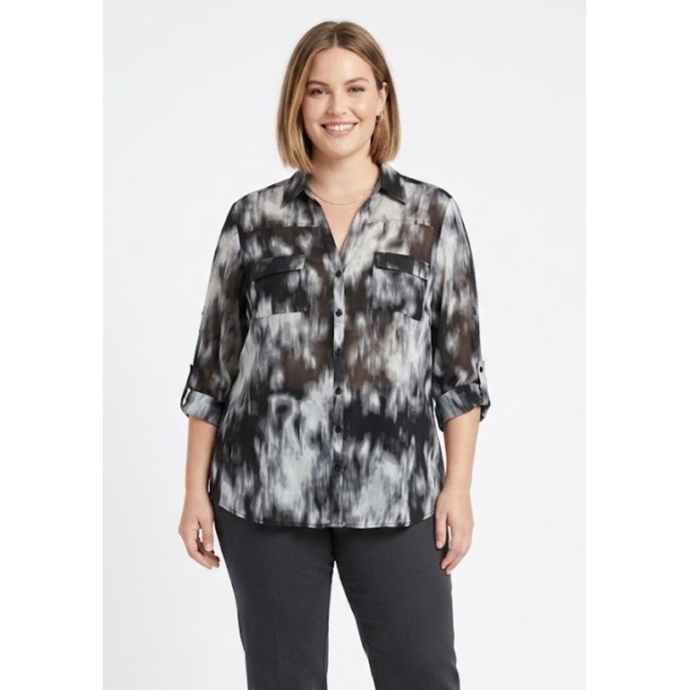 New York & Company Button Down XL Black Gray Abstract Sheer Soft Flowy‎